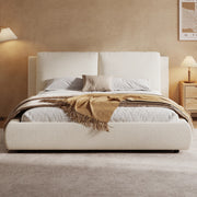 Letto matrimoniale imbottito 180x200 cm con contenitore; rete a doghe e testiera in bouclé beige