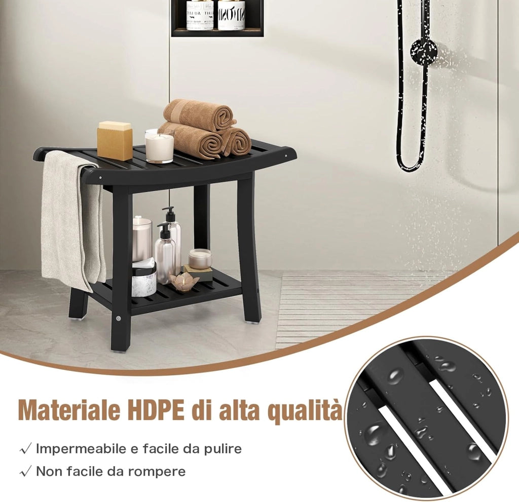 Sgabello da Doccia, Sgabello da Bagno Impermeabile con Sedile Curvo, con Portasciugamani e Piedini Antiscivoli, Panca Versatile con Ripiano, 60,5 x 34 x 48 cm (Nero)