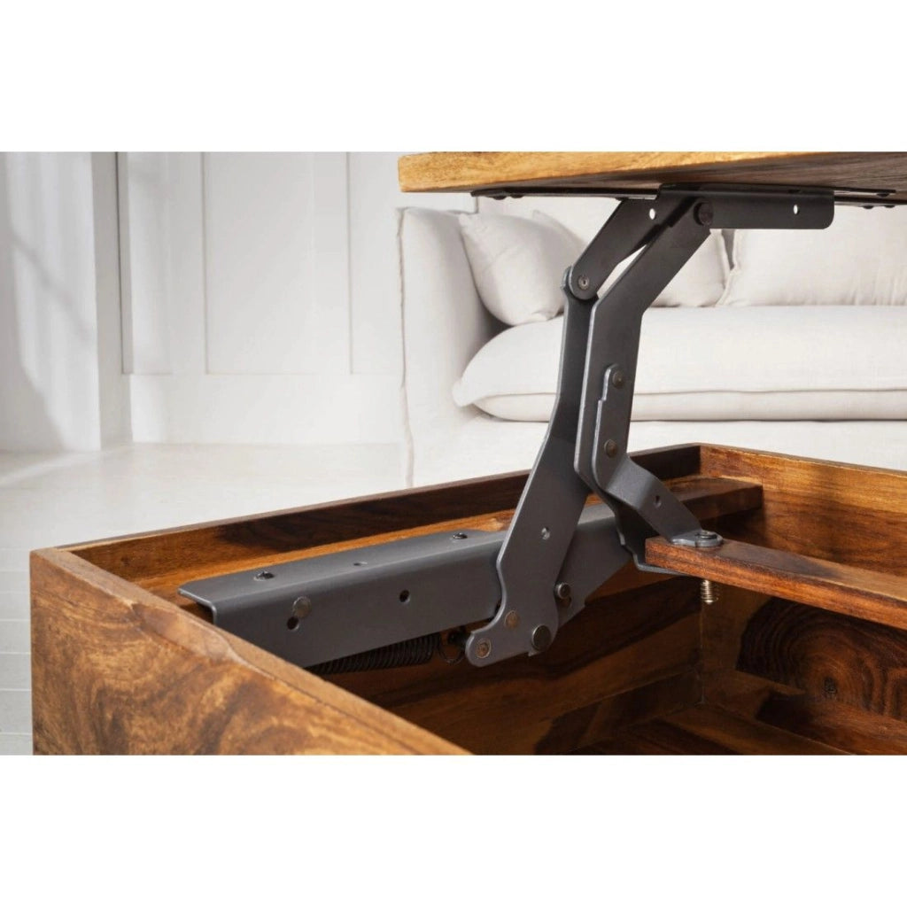 Tavolino basso ORBO in legno massiccio 110 cm – Piano sollevabile e contenitori integrati