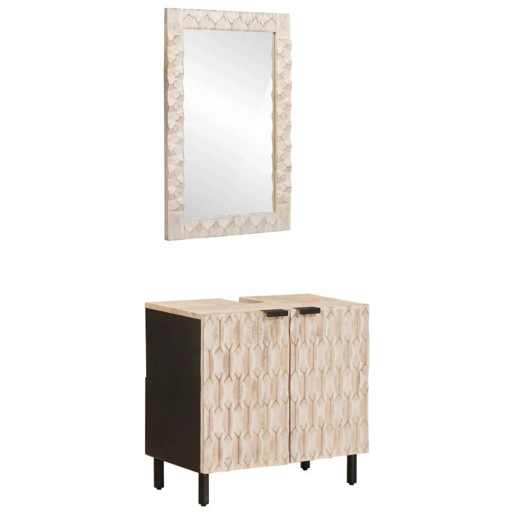 Set da Bagno | Armadio da bagno Finitura Bianco Lavato Legno di mango massello