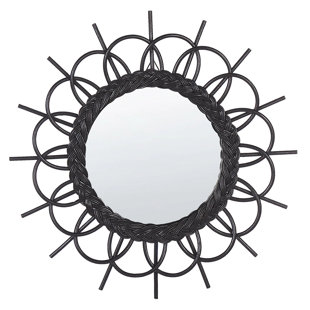 Specchio da parete con cornice in rattan Nero ø 60 cm a raggiera da appendere alla decorazione del soggiorno