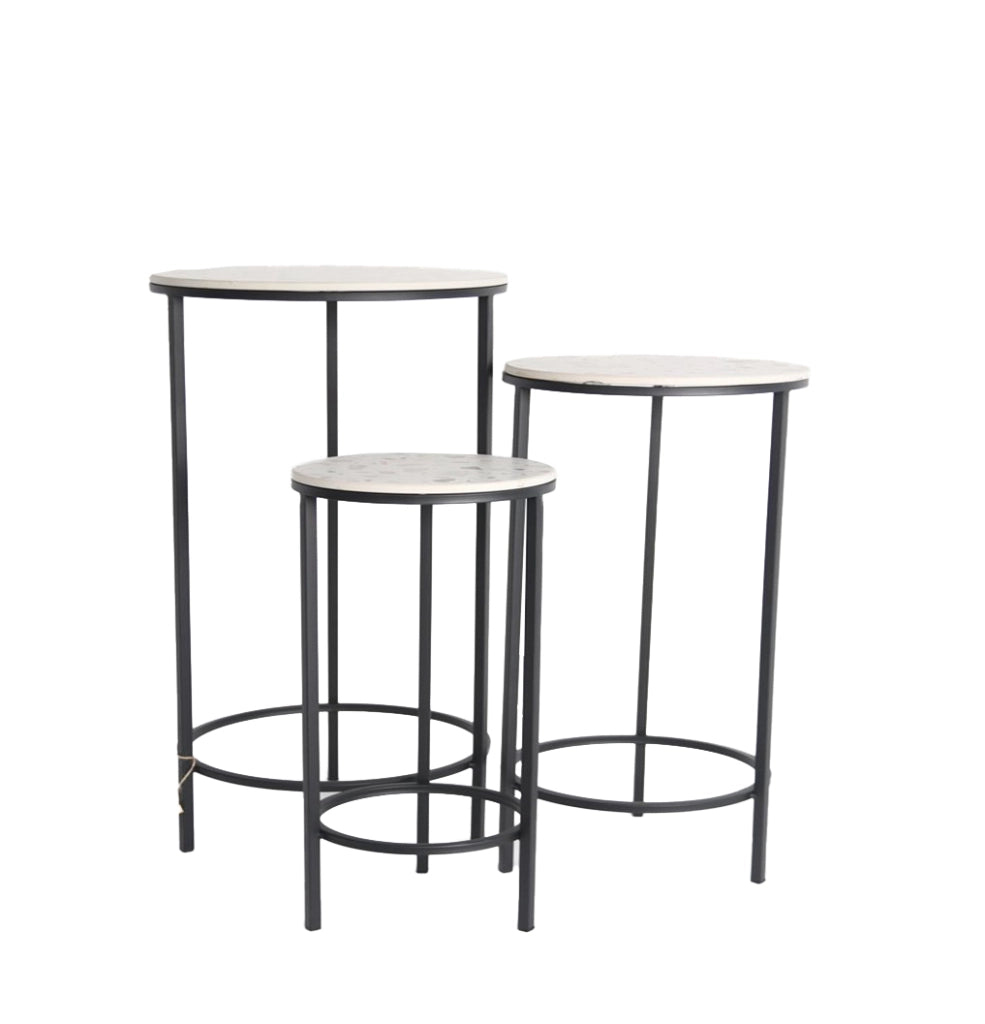 SET 3 TAVOLINI DECORATIVI A COLONNA 30X72H/25X62H/20X52H CM TONDI CON TOP BIANCO