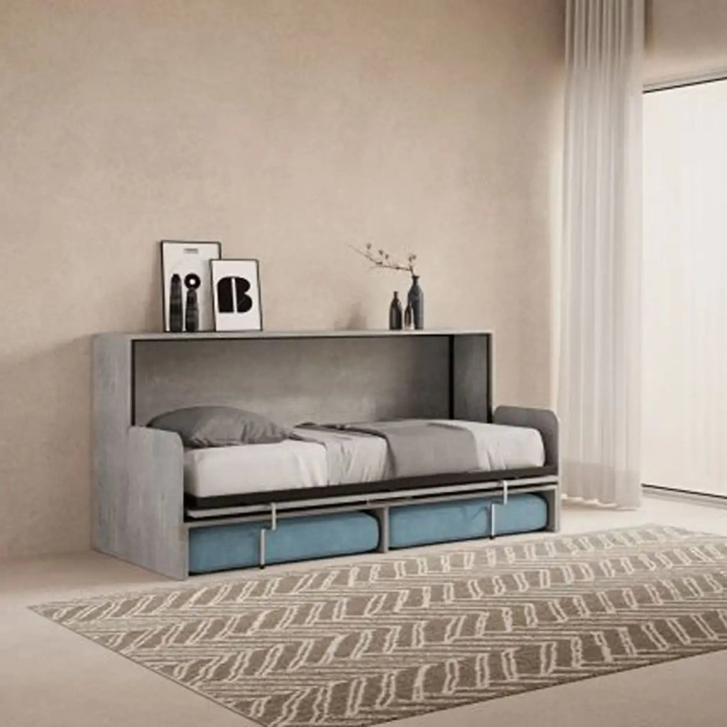 Letto singolo a scomparsa Kando con divano con materasso cemento, azzurro
