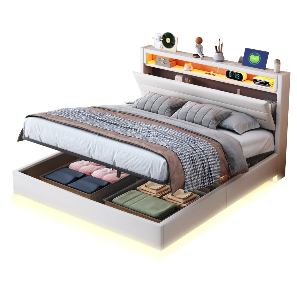 OKWISH Letto contenitore 140×200 cm, Letto Matrimoniale con Vano Contenitore, USB, LED Regolabile e Testiera Girevole, senza Materasso, Beige