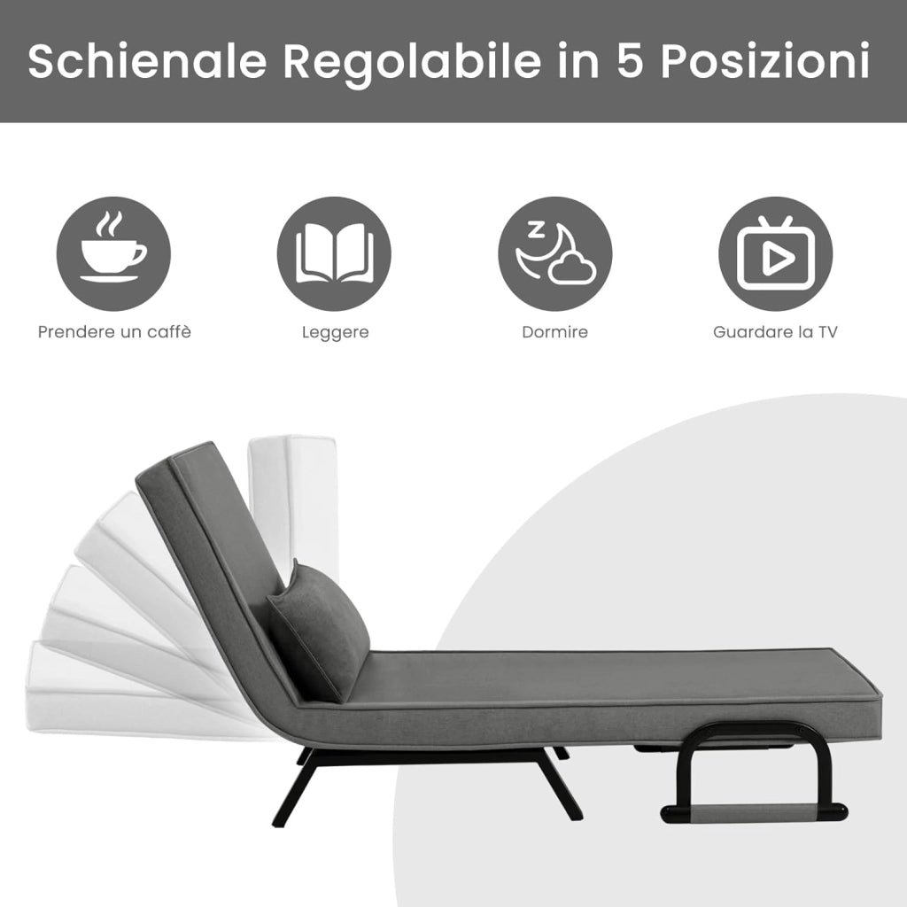 Poltrona Relax Reclinabile Convertibile, Divano Letto Trasformabile 3 in 1, con Schienale Regolabile in 5 Posizioni, Cuscino Rimovibile, Seduta Imbottita, 65 x 75 x 78cm, Grigio Scuro