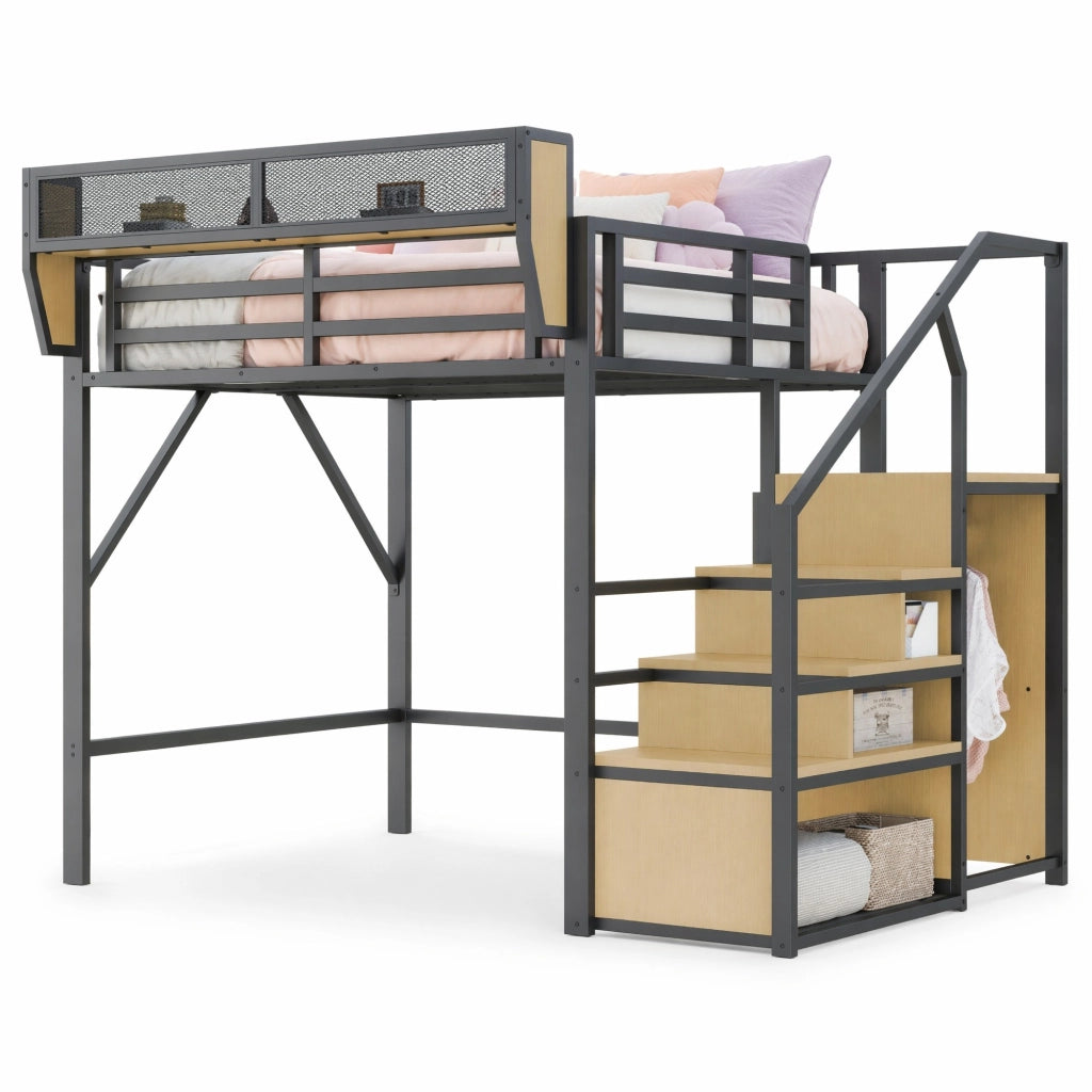 Letto a soppalco 140x200 cm in metallo e MDF con scala di sicurezza; nero