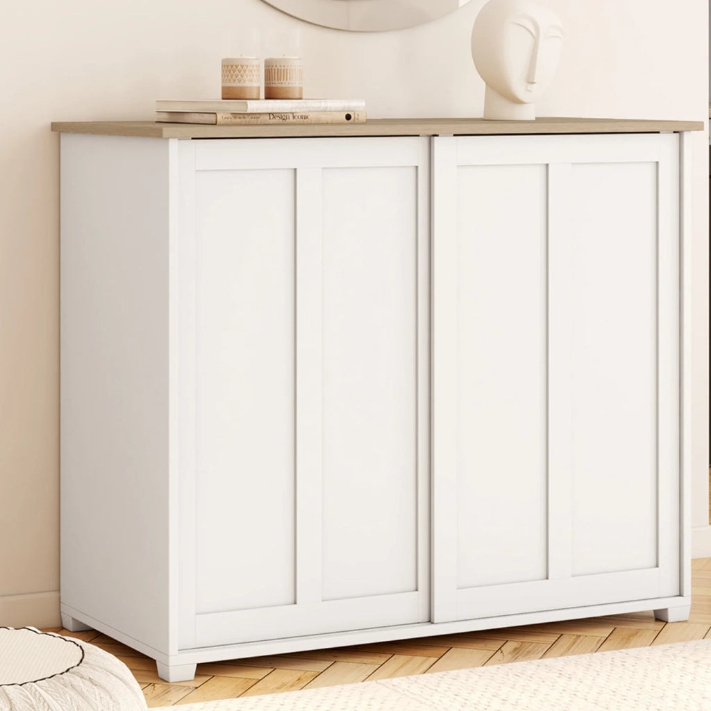 IDMarket - Credenza JANGO 100 cm con 2 ante scorrevoli bianche e piano in legno