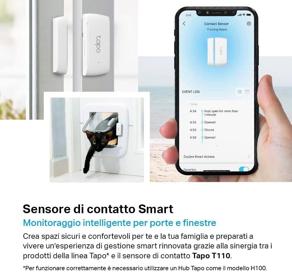 TP-Link Tapo T110 Smart Contact Sensor, Sensore di Contatto Intelligente, Domotica, Risparmio Energetico, Batteria Caricata, Avvisi di Intrusi, Hub Obbligatorio