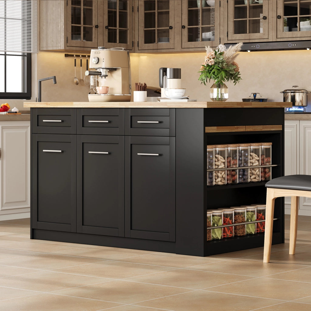 Mobile contenitore da cucina con 3 cassetti; 3 vani e tavolo estraibile - per cucina - in MDF - 150x90x90 cm - naturale e nero