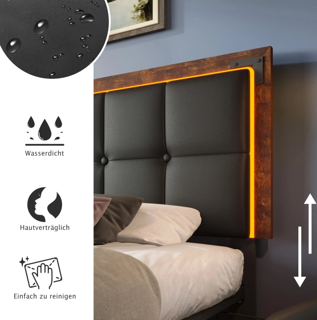 Letto singolo imbottito 90x200 cm in PU nero con LED; testiera regolabile e 4 cassetti