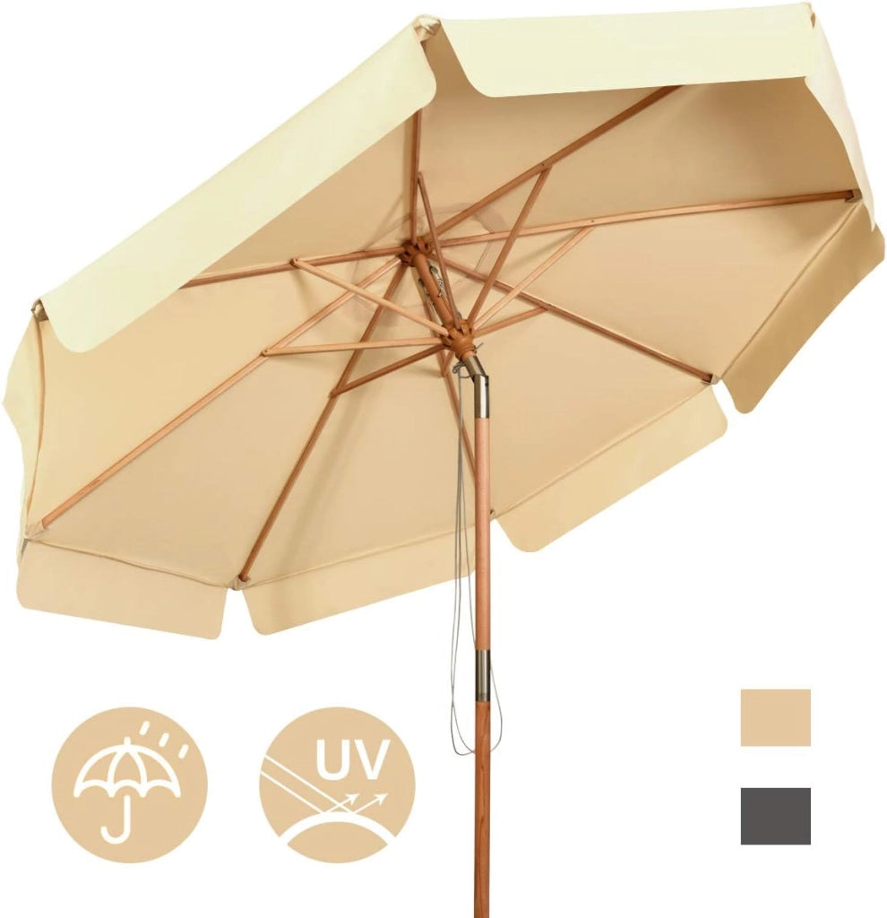 Ombrellone da Giardino 3 m Faggio, Regolabile 8 Montanti, Manovella 30° Inclinazione, Parasole Beige