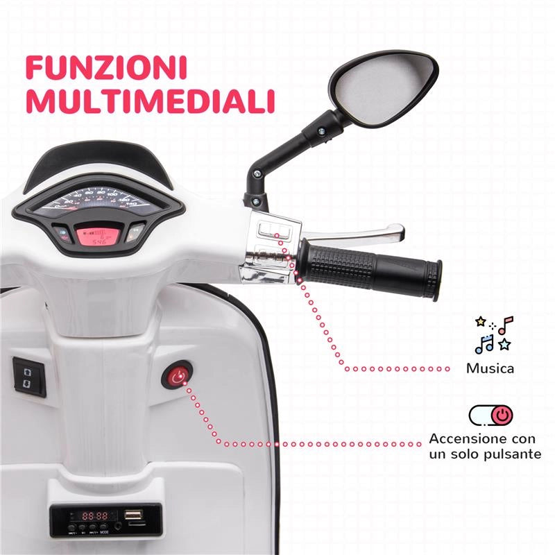 MOTO ELETTRICA PER BAMBINI A LICENZA VESPA CON ROTELLE, FANALE E MUSICA, IN PP E METALLO, 107X47X73 CM, BIANCO