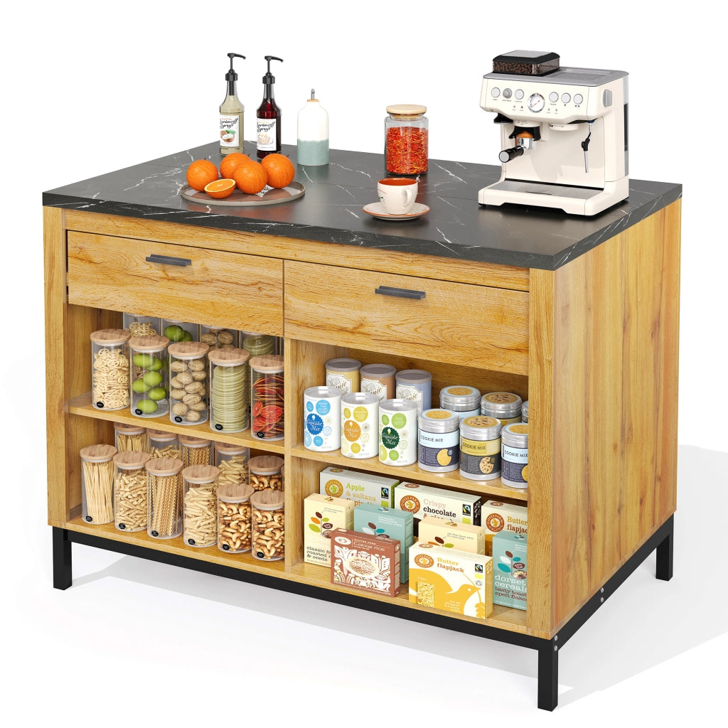 Isola cucina 120 x 75 x 90 cm in stile country con 2 cassetti e ripiani a vista, piano effetto marmo nero, colore nero/naturale