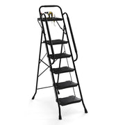 Scala a 5 gradini con vaschetta porta attrezzi e pedali larghi antiscivolo, Scala pieghevole portatile multiuso per casa Nero-Scale e ponteggi