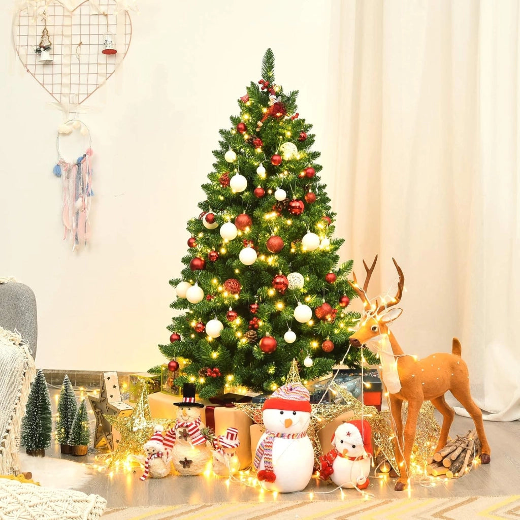 Albero di Natale Artificiale 135/195 cm in PVC, Albero di Natale con Luci LED Incorporate, Mele di Pino e Bacche Rosse, Christmas Tree per Casa, Negozio, Ufficio, Feste (M)