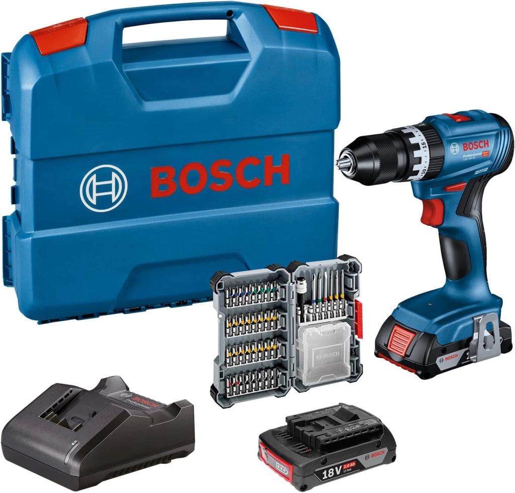 Bosch Professional 18V System Trapano-avvitatore a percussione a batteria GSB 18V-45 (velocità di rotazione di 1.900 giri/min, 2 batterie da 2.0 Ah, GAL 18V-20, L-Case)