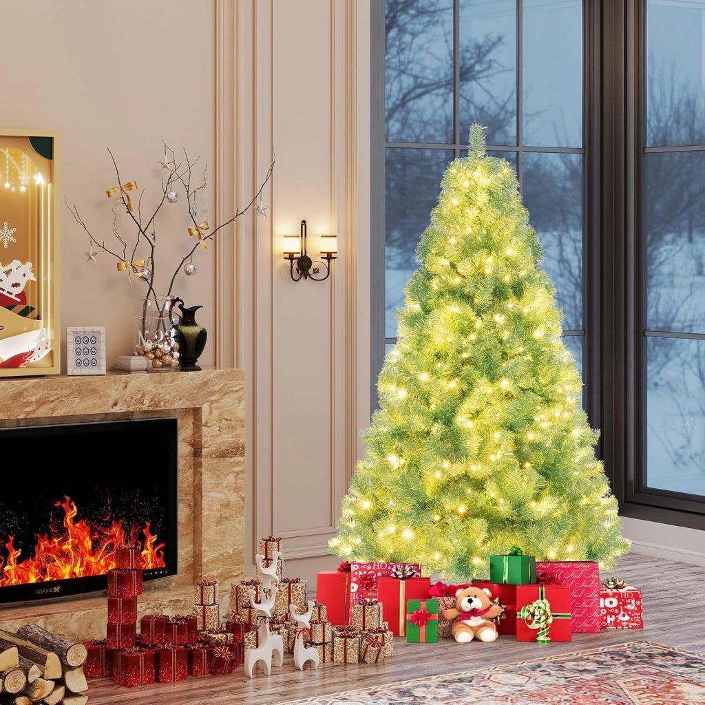 Albero di Natale 180 cm, Albero di Natale Preilluminato con 688 Rami Folti, 250 Luci LED Bianco Caldo, 8 Modalità e Base, Decorazione Natalizia per Casa e Ufficio (Verde, 180 cm)