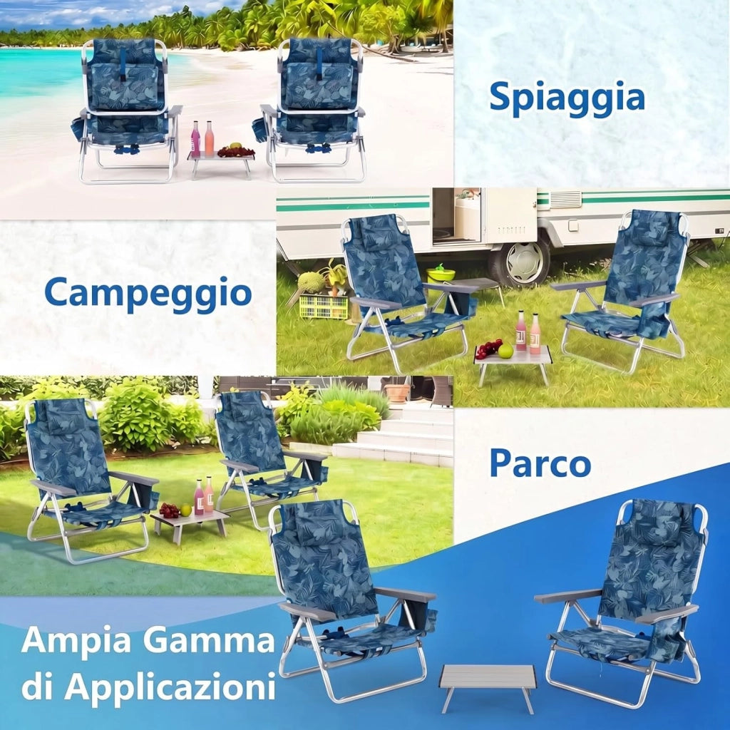 Set di 2 Sedie e Tavolino da Spiaggia Pieghevole, Schienale Regolabile a 5 Livelli, con Portatesta, Borsa Portaoggetti, Borsa Termica, per Campeggio Picnic Esterno (Blu Scuro, Modello 2)