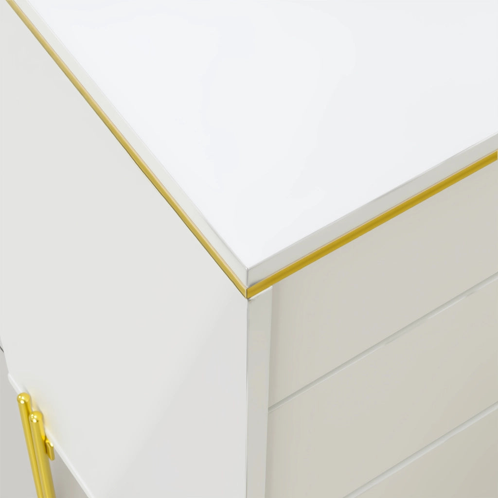 Credenza con 6 Cassetti e Maniglie Dorate; Frontali Lucidi; Stile Moderno; in Pannello Truciolare; Bianco; 120??40??85;5 cm
