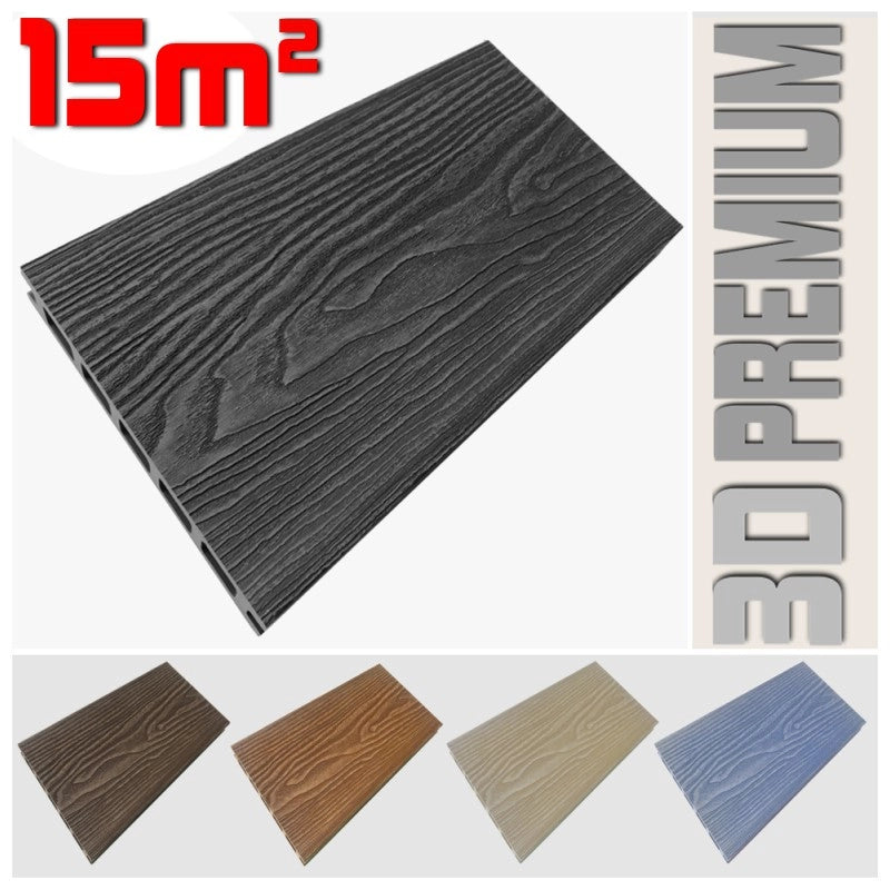 Listone WPC 3D 15m² per pavimentazione decking colore Antracite effetto legno listone 146x2200mm spessore 25mm