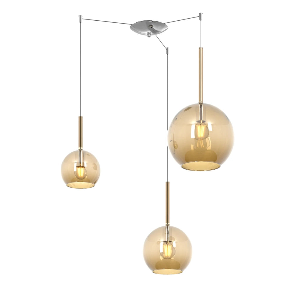 Lampadario Contemporaneo Future Metallo Cromo Vetro Ambra 3 Luci E27
