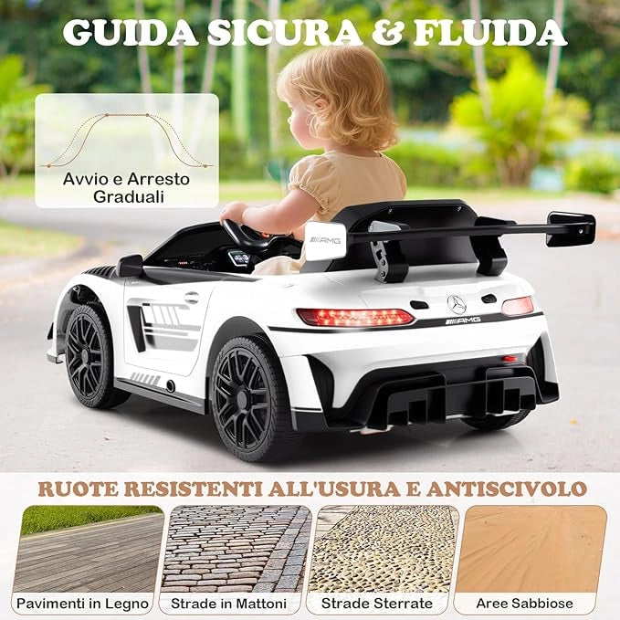 Macchina Elettrica per Bambini, Mercedes Auto Cavalcabile con Telecomando 3 Velocità Luci LED Musica e Connessione Senza Fili, Partenza Morbida, 4,5 Km/h, 3+ Anni (Bianco)