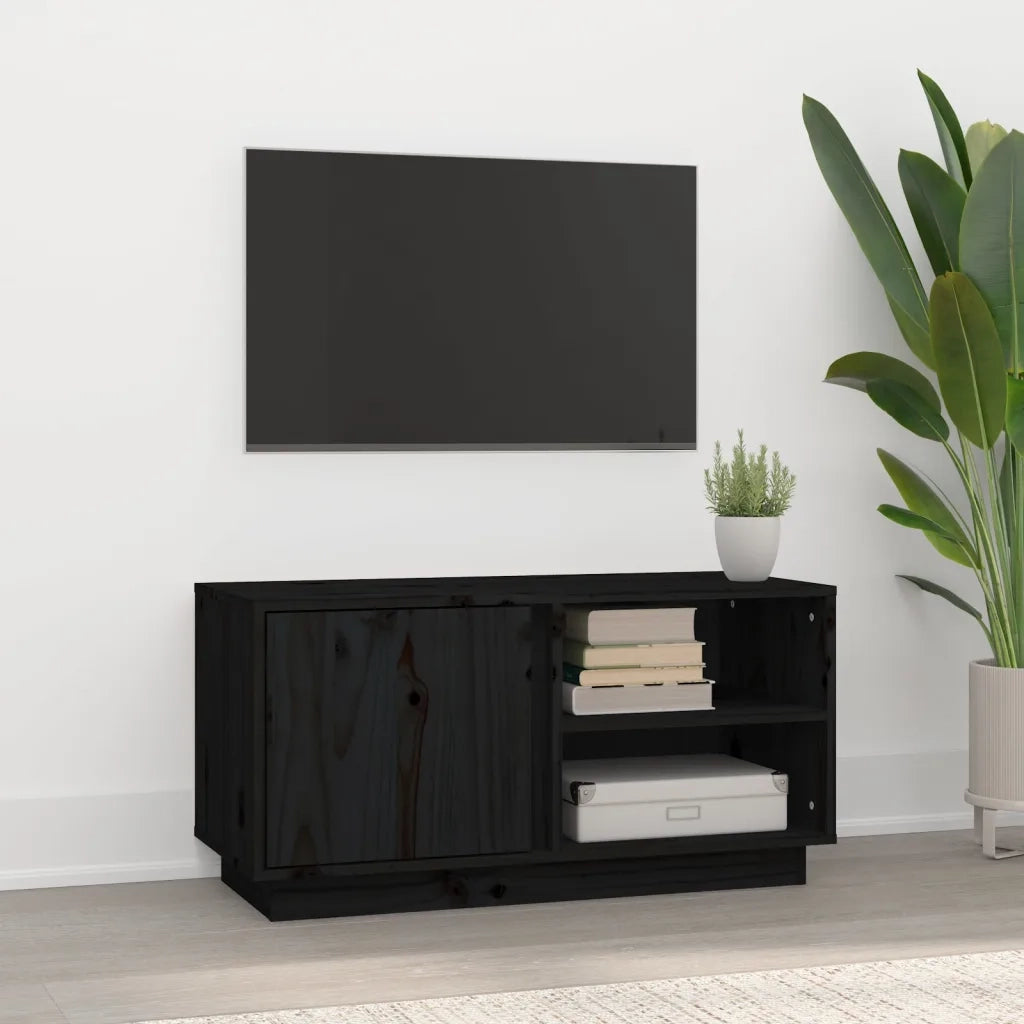 Mobile Porta TV Nera 80x35x40,5 cm in Legno Massello di Pino cod mxl 26285