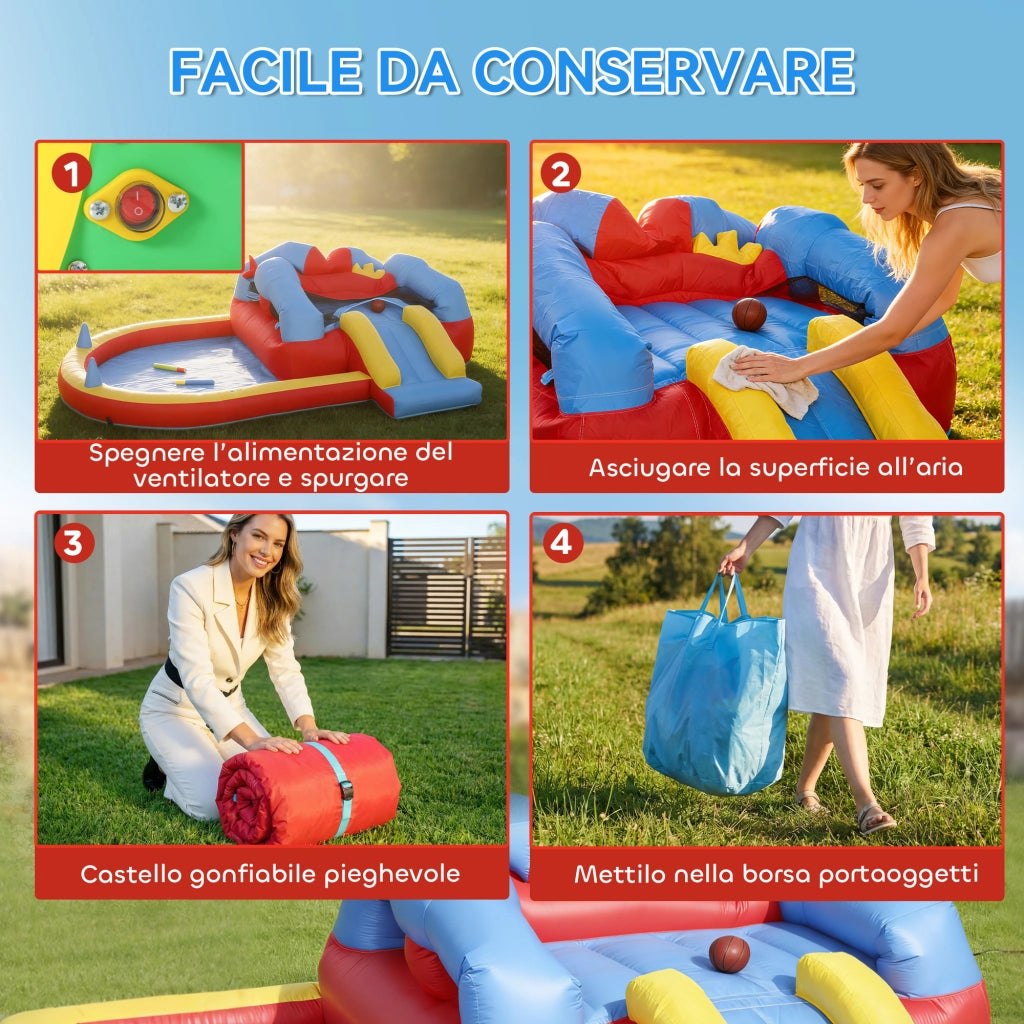 Castello Gonfiabile per Bambini con Scivolo, Piscina/Palline, Canestro da Basket e Soffiatore
