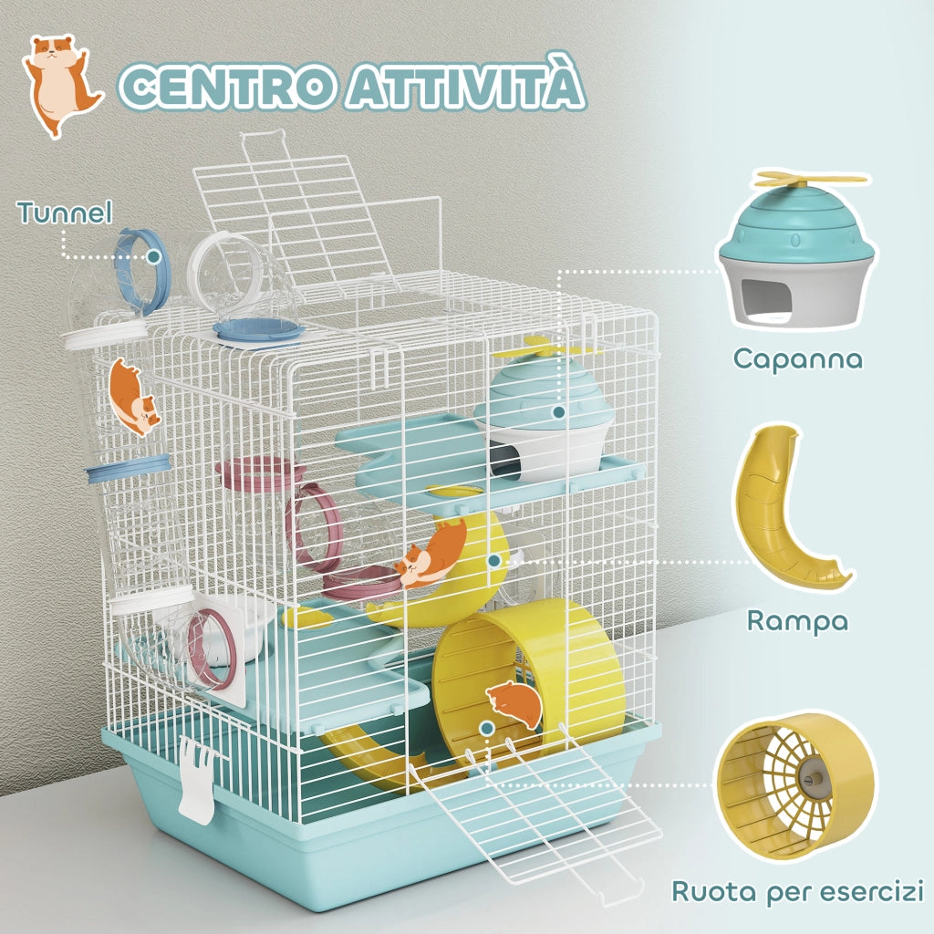 Gabbia per Criceti a 3 Livelli 34,5x27,5x41 cm 12 Tubi con Casetta Rampa e Accessori in Metallo e Plastica Grigio