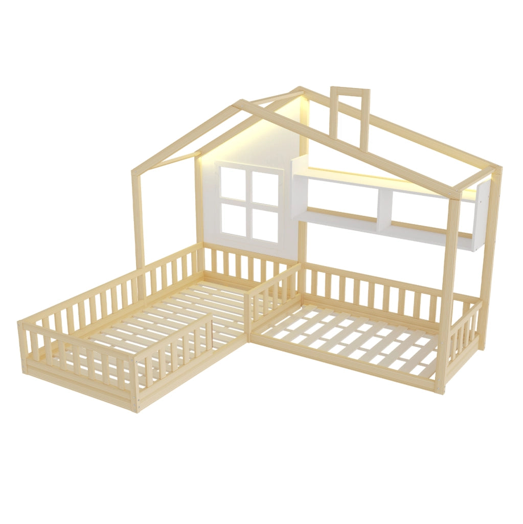 Letto per bambini a casetta 90x200 cm in legno e MDF; con LED; mensole e sponde di sicurezza