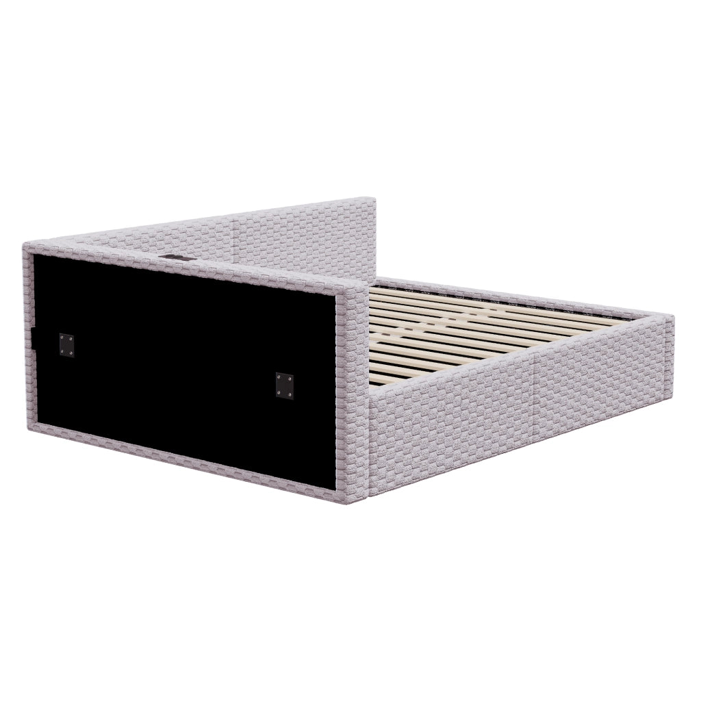Letto imbottito matrimoniale 140×200 cm con contenitore idraulico; LED; USB e Type-C; senza materasso; grigio