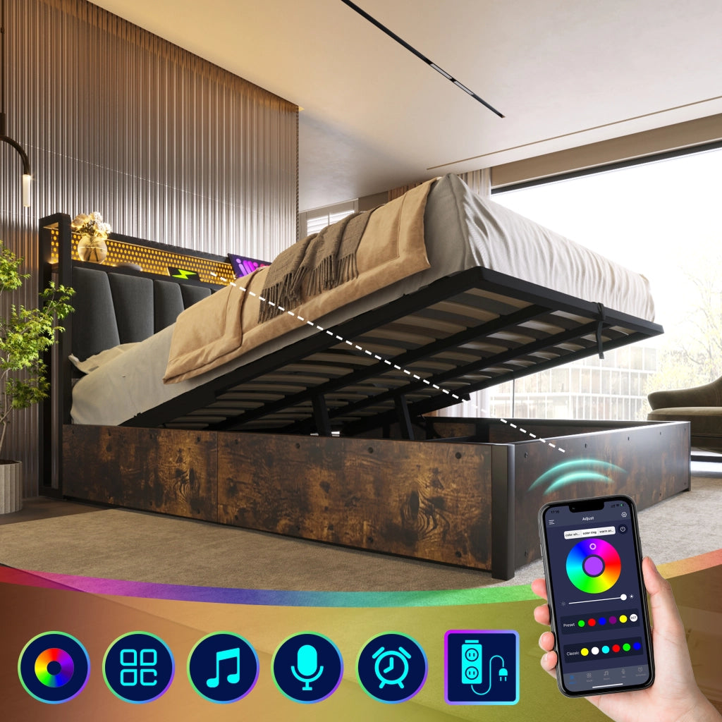 Letto Contenitore Letto Matrimoniale 180×200 cm con USB; Prese e LED Regolabile; senza Materasso; Grigio