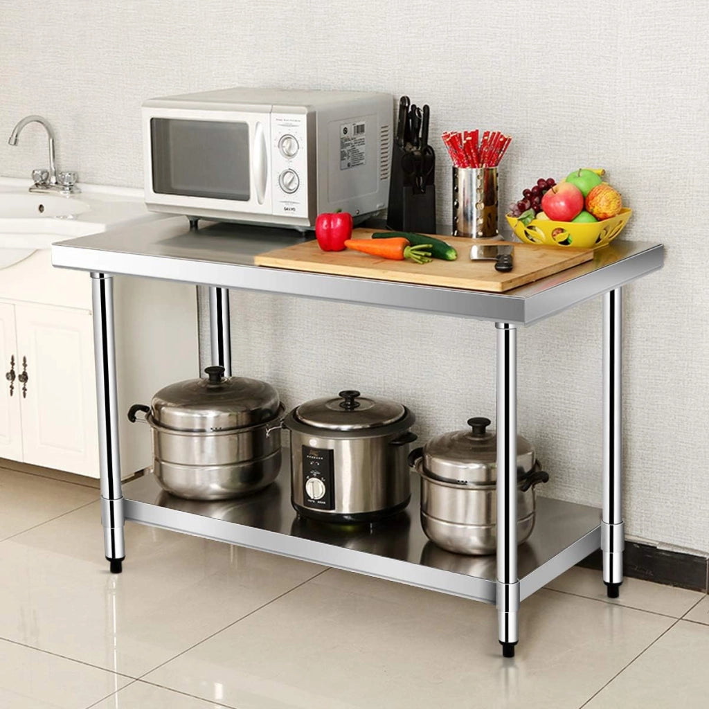 Tavolo da Lavoro per Cucina in Acciaio Inox, Piattaforma con Ripiano Regolabile in Altezza, Piedini Antiscivolo e Regolabili, Piano Cucina Ristorante e Magazzino (92x61x90cm)