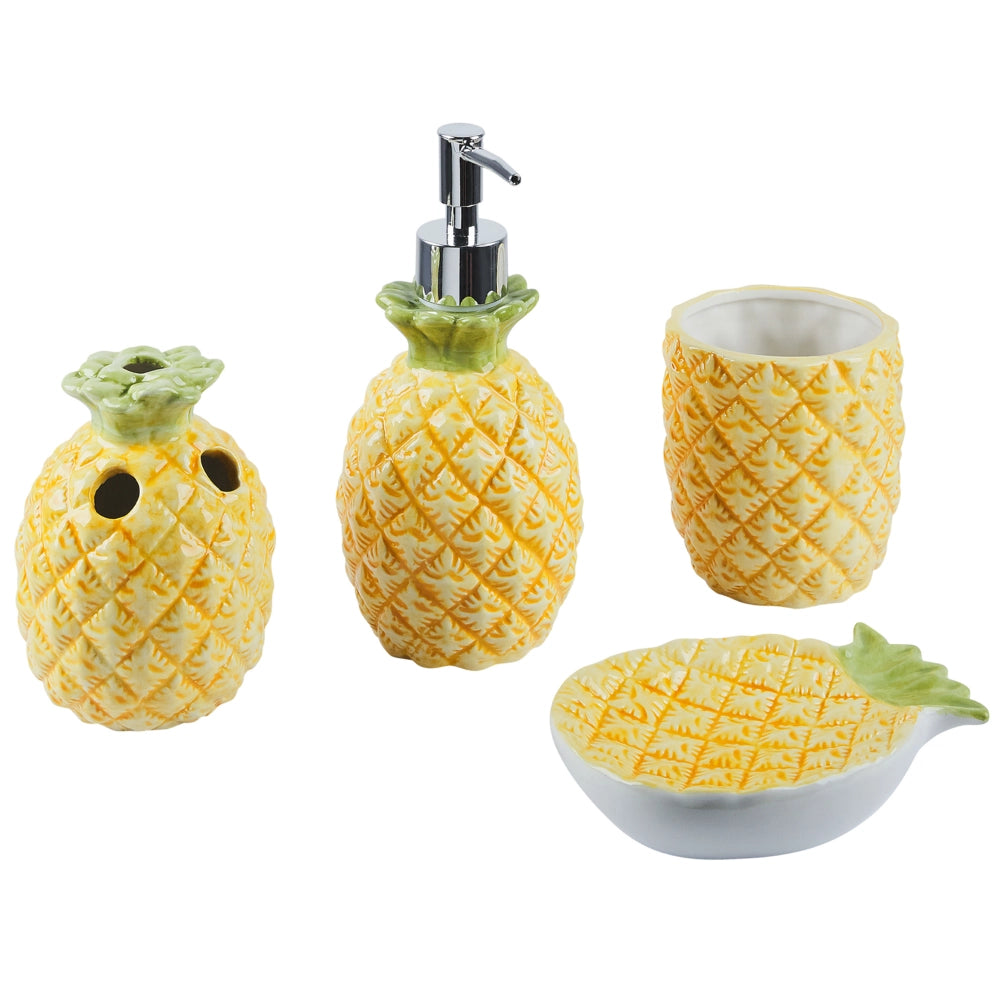 Set di 4 Accessori Bagno in Ceramica giallo e verde a forma di ananas dispenser sapone porta sapone Portaspazzolino recipiente