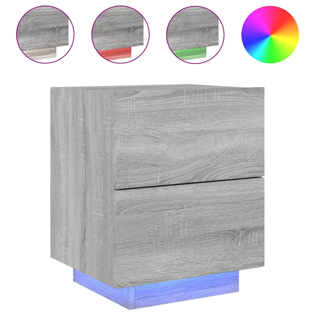 Set di 2 Comodini | Armadio da Notte | Mobiletto da notte con Luci LED Grigio Sonoma in Legno Multistrato