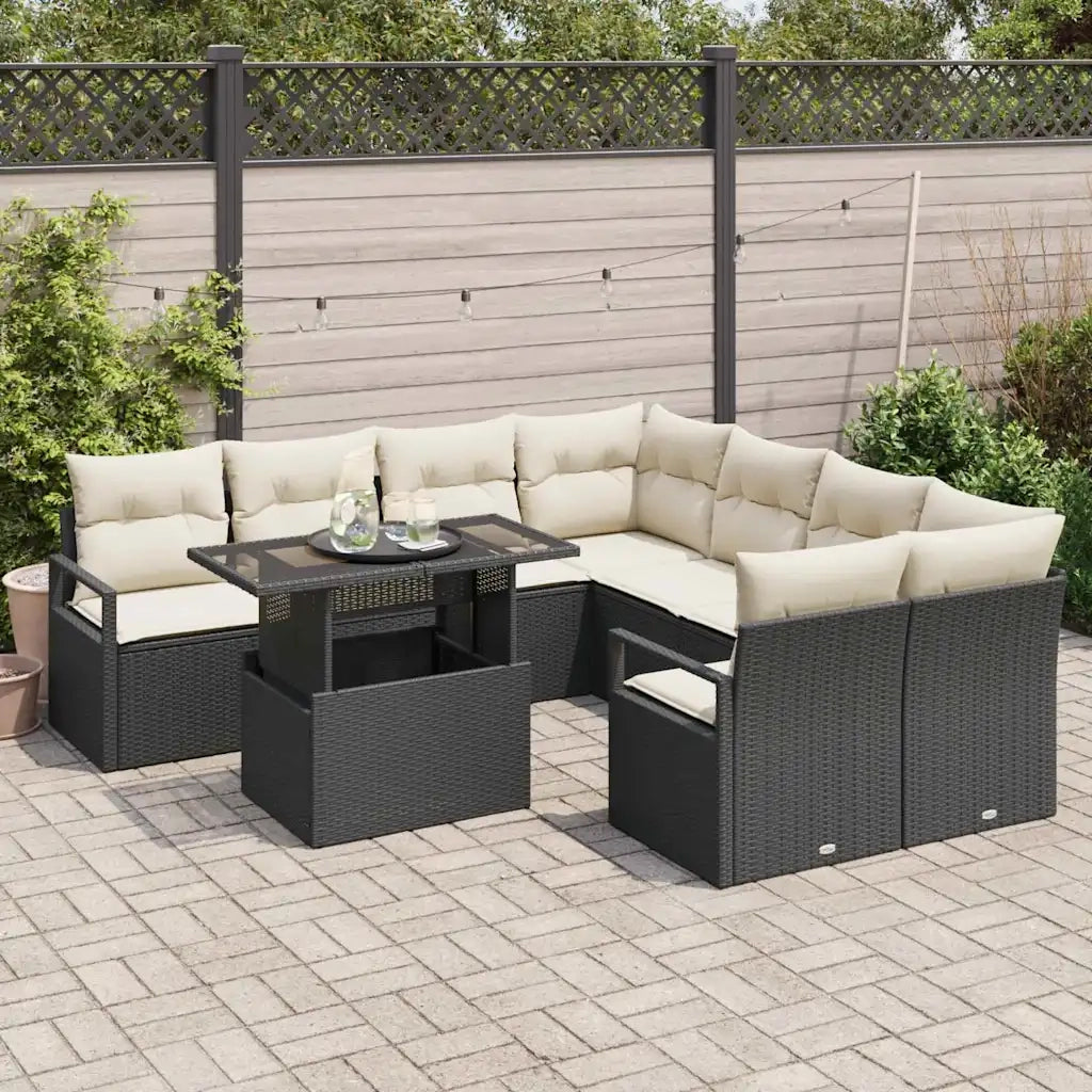 Set Divano da Giardino 9 pcs Nero e Crema polyrattan 3348793