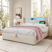 Letto matrimoniale contenitore 160x200 cm con LED, USB e Type-C in tessuto di lino beige