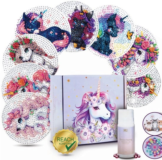 Pittura a Diamanti Kit di Sostegno per 8 pezzi con kit di protezione aggiuntiva - Pittura a Diamanti Sostegno Unicornio con Scatola - Set DIY per Adulti