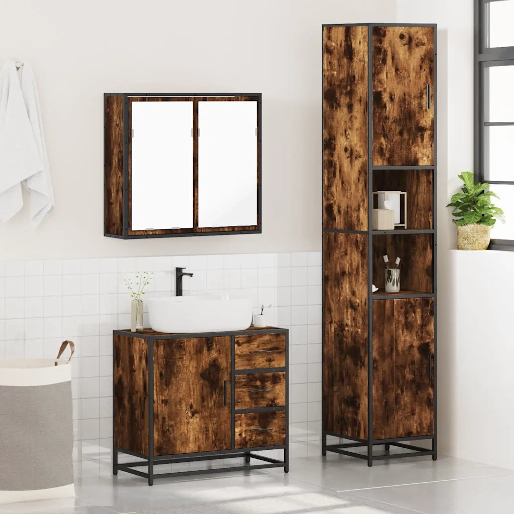 Set Mobili da Bagno 3 pz Rovere Fumo in Legno Multistrato 3301077