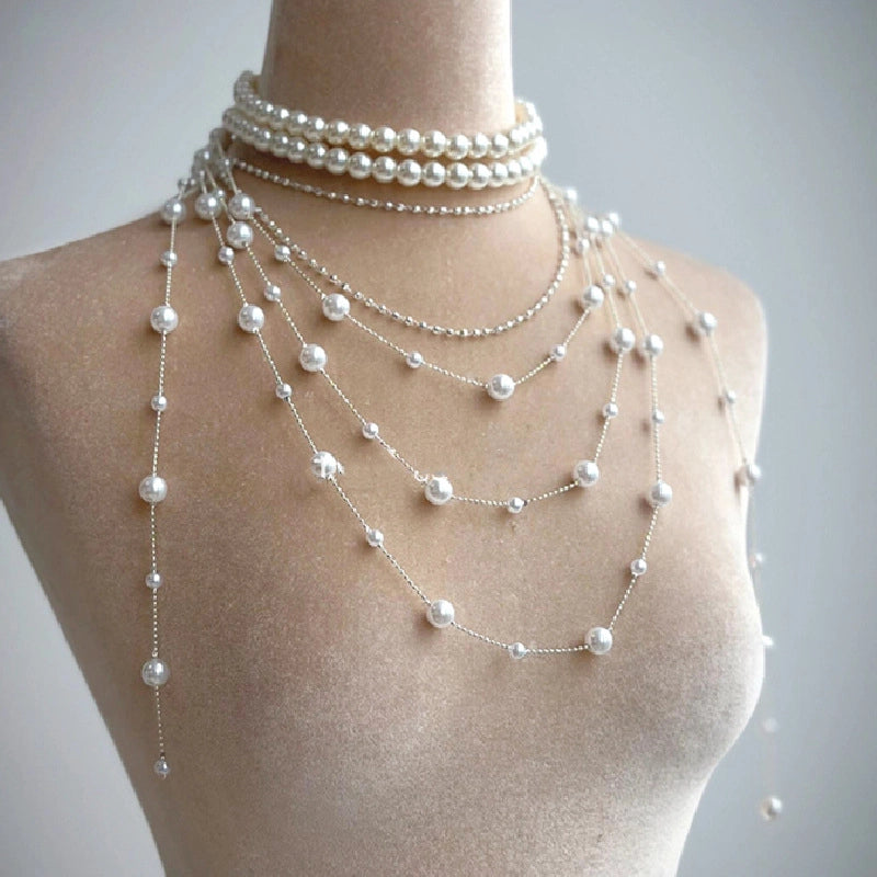 Collana di perle multistrato con ciondolo vintage, girocollo con nappe a strati, catena a maglia stellata
