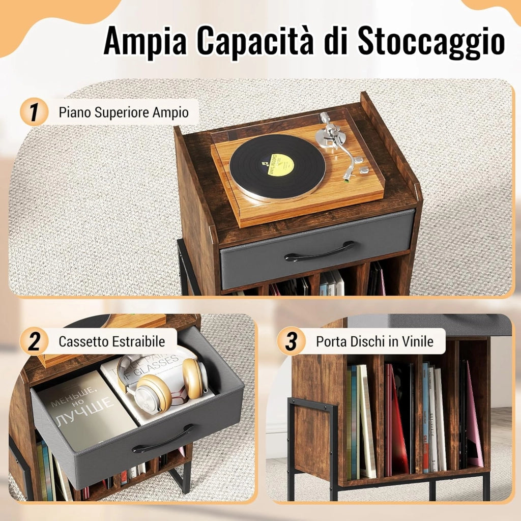 Supporto per Giradischi, Mobile Giradischi in Legno con Cassetto in Tessuto e 4 Scomparti, per fino a 160 Dischi in Vinile, Scaffale per Dischi in Stile Retrò per Soggiorno e Camera da Letto