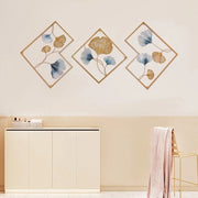Decorazione per parete in metallo con disegno a 3D, verniciatura in oro, scultura di foglie di ginkgo, set da 3 pezzi