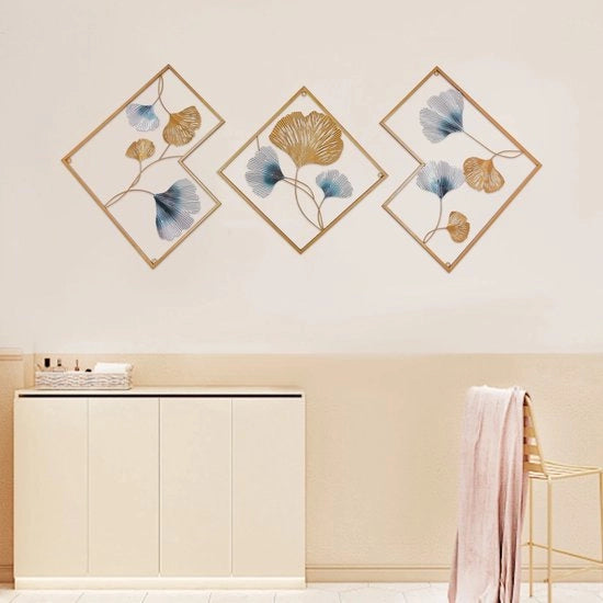 Decorazione per parete in metallo con disegno a 3D, verniciatura in oro, scultura di foglie di ginkgo, set da 3 pezzi
