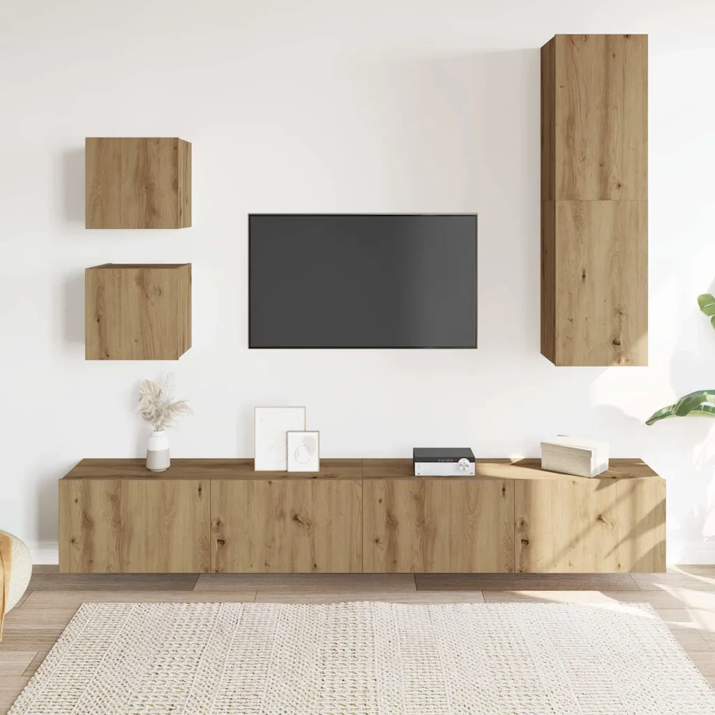Set Mobile TV 5 pz Montato a Parete Rovere in Legno Multistrato