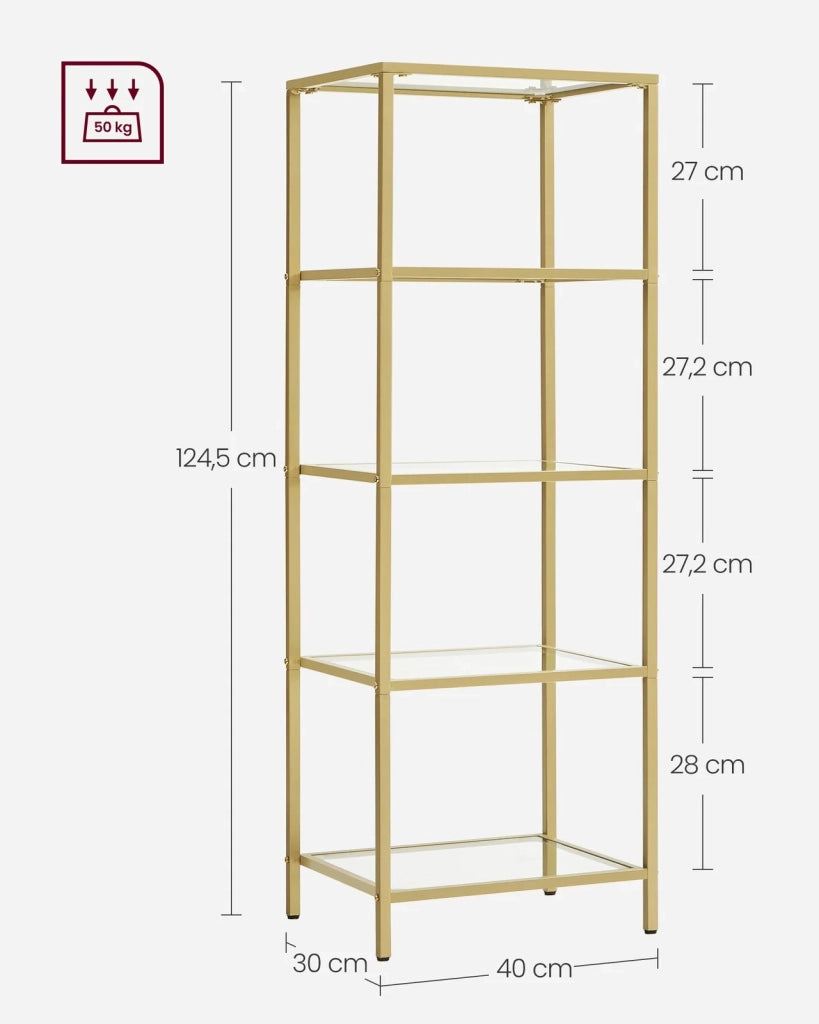 Mensola mobile cucina contenitore 5 livelli 30 x 40 x 1245 cm colonna bagno per soggiorno camera da letto ufficio in vetro temperato struttura in acciaio oro 12_0005768