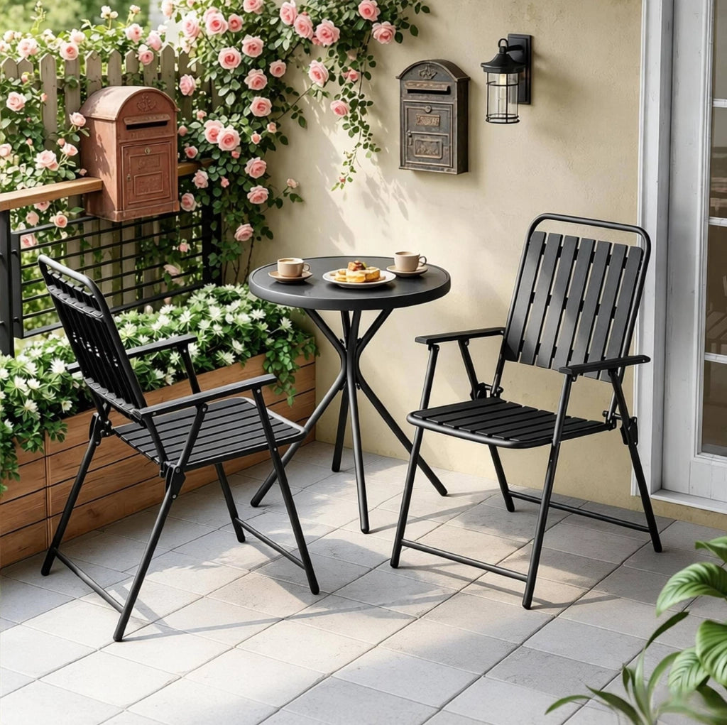 Set mobili da giardino 3 pezzi con tavolo e 2 sedie pieghevoli; nero