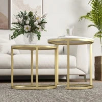 Set 2 Tavolini da Caffè con Piano Effetto Marmo, in Legno e Acciaio, Ø50x50.5 cm e 60x36x43.5 cm, Bianco