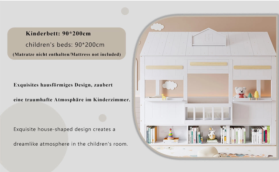 Letto a soppalco per bambini a forma di casa con libreria, 90x200 cm, bianco
