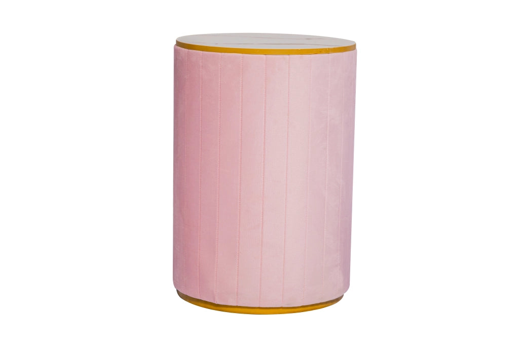 Tavolino da Comodino con 3 Cassetti ¨C MINIMAL ¨C Velluto Rosa, Piano in Marmo, Gambe Oro