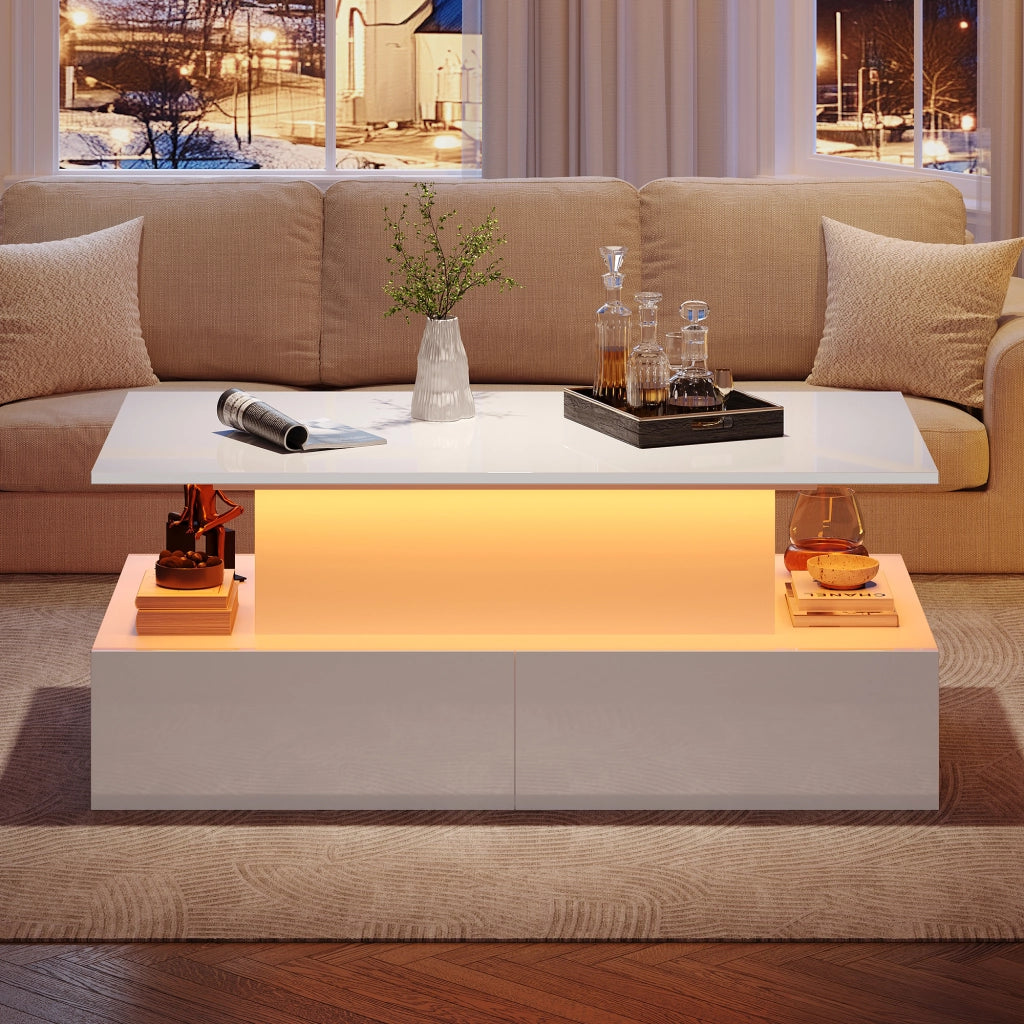 Tavolino Da Salotto con LED e 4 Cassetti; Piano Scorrevole; Bianco Lucido; Stile Moderno; in Pannelli di Particelle; Bianco